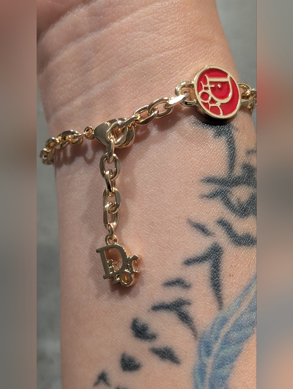 Dior Gold Chain Bracelet with Red Logo Medallions - Picture 6 of 10